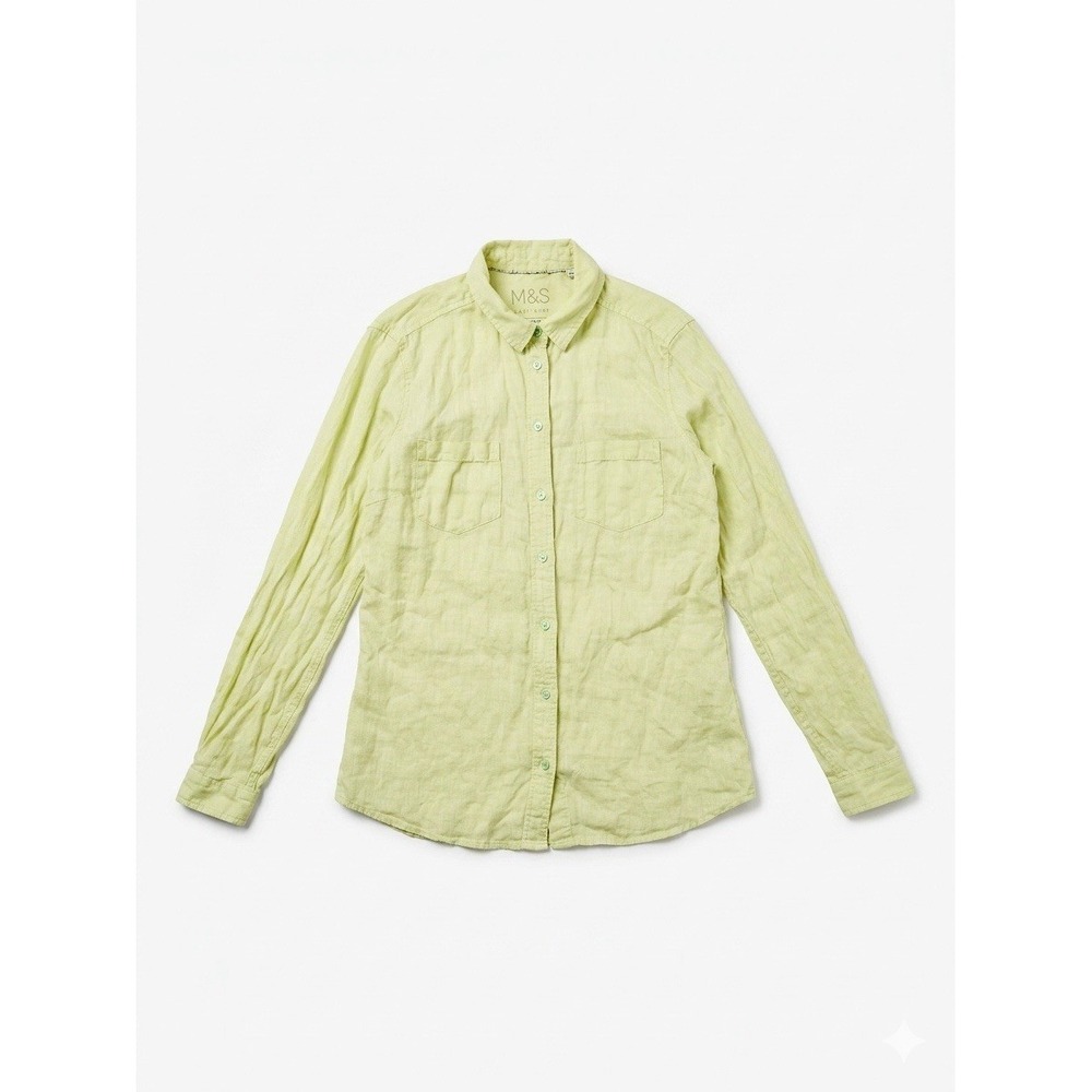 M&S Collection Shirt Women Lime Sz S 100%Pure Linen Button Down Comfy Bright Hit